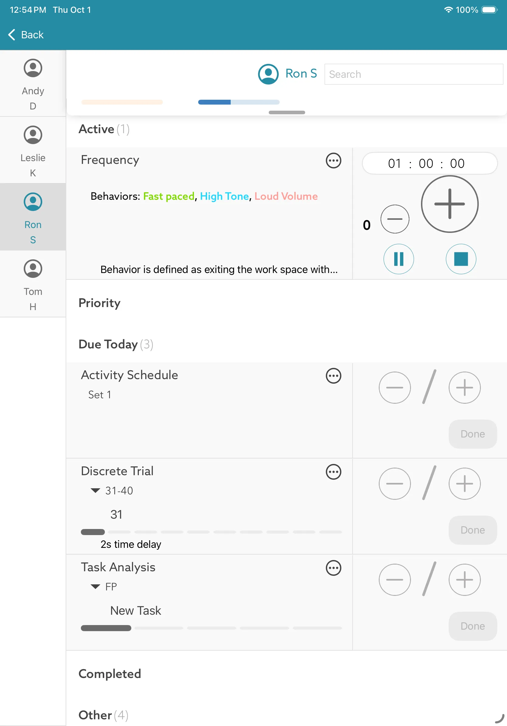 The multi-data view on the iPad: a class’s students down the side with Ron S selected, and his programs grouped as active, priority, due today, completed and other: a frequency count with its timer under active, then an activity schedule, a discrete trial and a task analysis due today, each with its scoring controls beside it