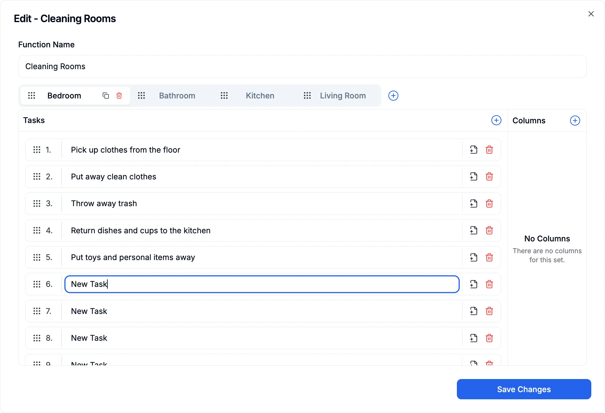 Editing a program on the web: the bedroom tasks of the Cleaning Rooms task analysis, from picking up clothes from the floor to putting toys away, with tabs for the bathroom, kitchen and living room