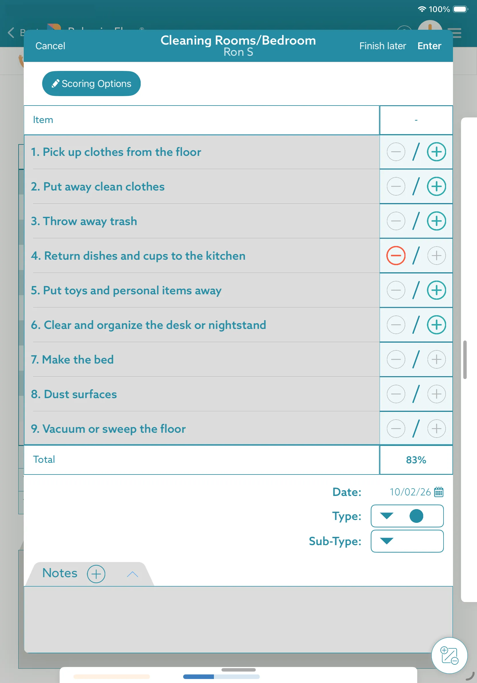 Collecting data on the iPad: scoring the bedroom steps of Ron S’s Cleaning Rooms program plus or minus, from picking up clothes to vacuuming, for a total of 83%, with the date, type and notes below